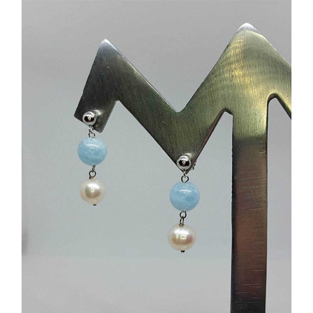 ๐
บSterling silver cultured pearl and aqua blue gemstone drop earrings boho